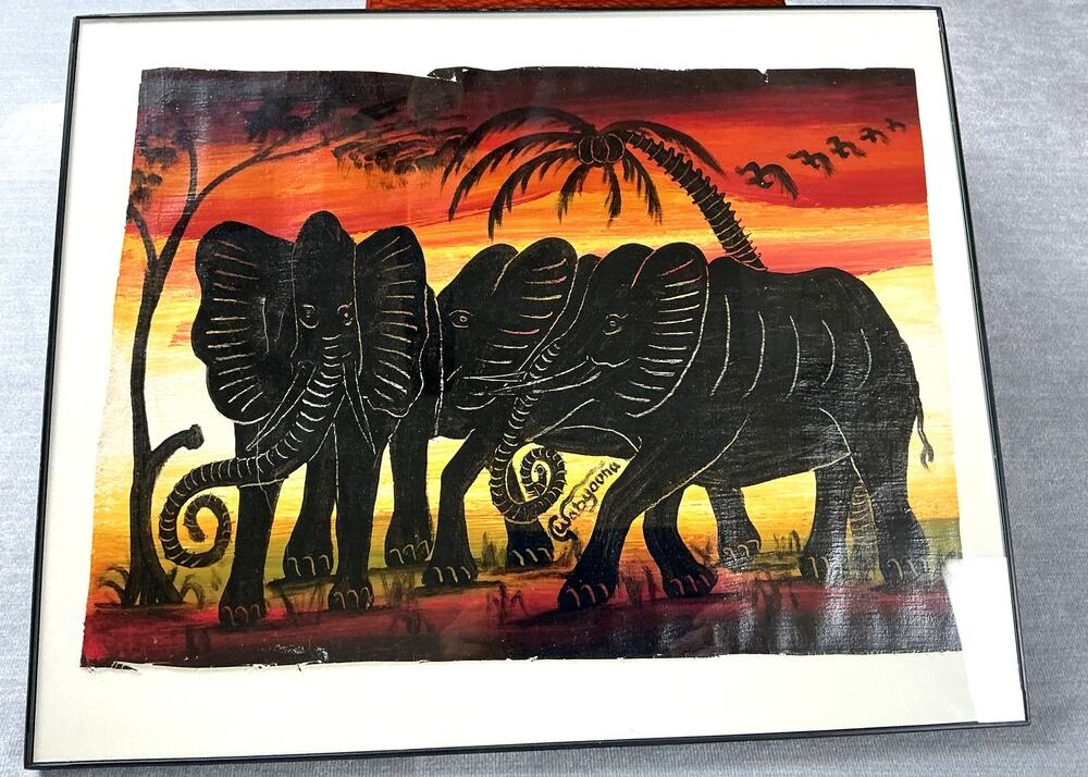 Framed African Elephant Sunset Fabric Painting Boho Eclectic Wall Decor